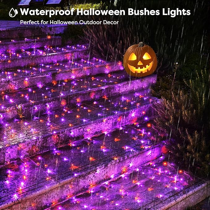 BlcTec Halloween Lights Outdoor 360 LED 9.8ft x 6.6 Orange Purple Halloween Mesh Lights with 8 Modes Timer Connectable Waterproof and Green Wire Design for Lawn Bushes Outdoor Holiday Decorations