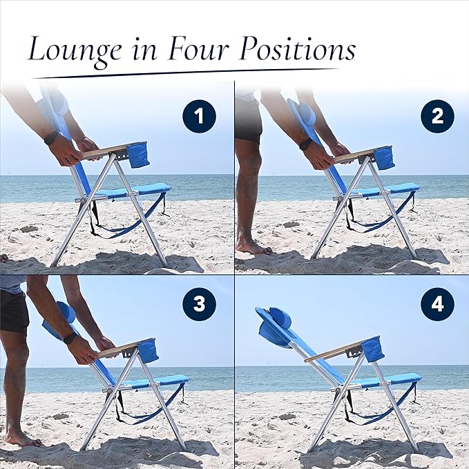CARIBBEAN JOE Folding Beach Chair 4 Position Portable Backpack Foldable Camping Chair with Headrest Cup Holder and Wooden Armrests