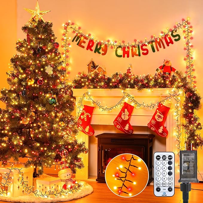 Brightown Christmas Tree Lights Outdoor Cluster Lights - 1000 LED 50 Ft Christmas Firecrackers String Lights 12 Modes Timer Remote Waterproof Plug in Twinkle Lights for Xmas Tree Red ＆ Warm White