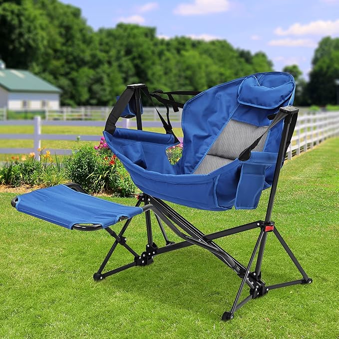 Ainfox Hammock Camping Chair with Footrest Foldable Portable Rocking Chairs for Adults Outside Swinging Camp with Cup Holder Pillow for Outdoor Patio Poolside (Blue)