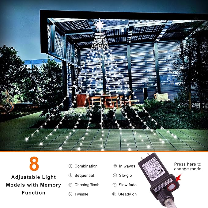 PUHONG Christmas Lights Outdoor Christmas Decoration String Lights16.4Ft 320 LED Tree Lights [8 Modes &amp Waterproof] with 11 Lighted Star for Halloween Xmas New Year Holiday Birthday (White)