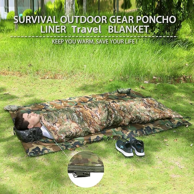 Camo Poncho Liner Army Blanket Military Sleeping Bag with A Compression Carrying Bag for Traveling Hiking Camping Outdoor Survival Car Blanket