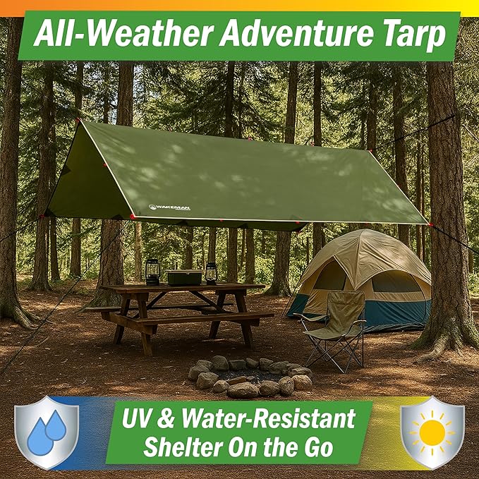 Camping Tarp for Tent or Hammock Rain Fly - 10 x 12 Tarp for Camping Hiking Backpacking or Portable Lightweight Survival Shelter UV Protection and 3000mm Water Resistant by Wakeman Outdoors (Green)