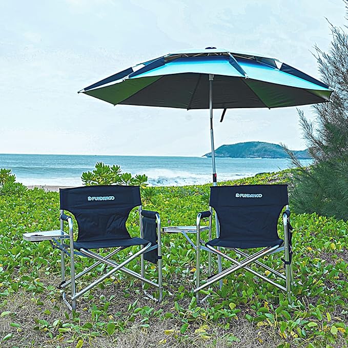 FUNDANGO Aluminium Camping Director Chair with Armrest Portable Lightweight Folding Outdoor Camping Chair with Side Table &amp Umbrella Holder Full Back Lawn Chair for Camping Fishing Picnic Stadiu