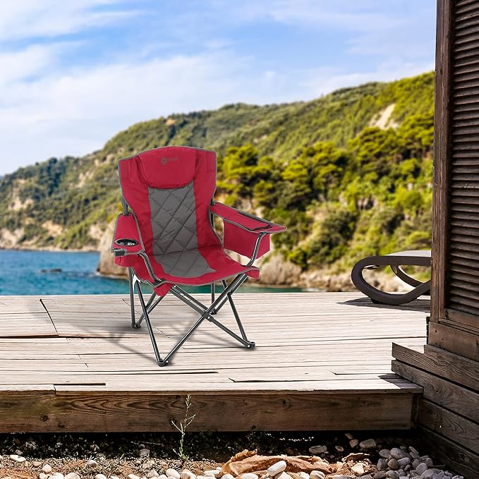 ARROWHEAD OUTDOOR Portable Deluxe Folding Camp Quad Chair w/Headrest Glass &amp Cup Holders Armest 6-can Cooler Heavy Duty Carry Bag 550 lbs Weight Capacity