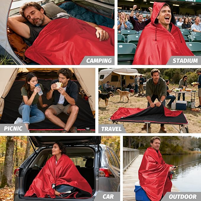 Fleece Waterproof Outdoor Blanket - Windproof Stadium Blanket for Camping Picnics and Sports Stay Dry and Comfortable 80x 58(Hoodeed Red)