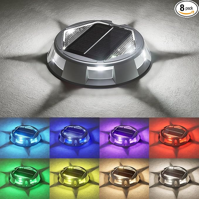 VOLISUN Solar Driveway Dock Deck Markers Marine Lights 8 Pack9 Colors in 1 Led IP67 Waterproof Outdoor Warning Step Lights for Driveway Sidewalk Walkway Pathway RGB