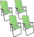 Lawn Chair Folding Steel Webbing Chaise Patio Lounger Seat Wood Handles Great for Camping Beach Fishing Backyard Stadium Pool Boating and Sports 4 Pack Green