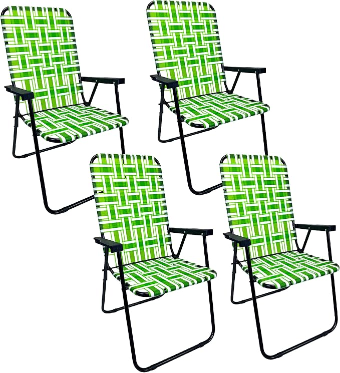 Lawn Chair Folding Steel Webbing Chaise Patio Lounger Seat Wood Handles Great for Camping Beach Fishing Backyard Stadium Pool Boating and Sports 4 Pack Green