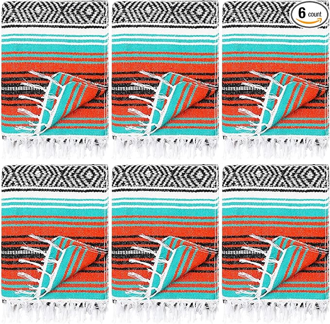 6 Pcs Mexican Blankets Bulk Yoga Authentic Throw Mexican Serape Blanket Large Colorful Striped Falsa with Fringed for Outdoor Camping Beach Picnic Home Decor (Orange Green)