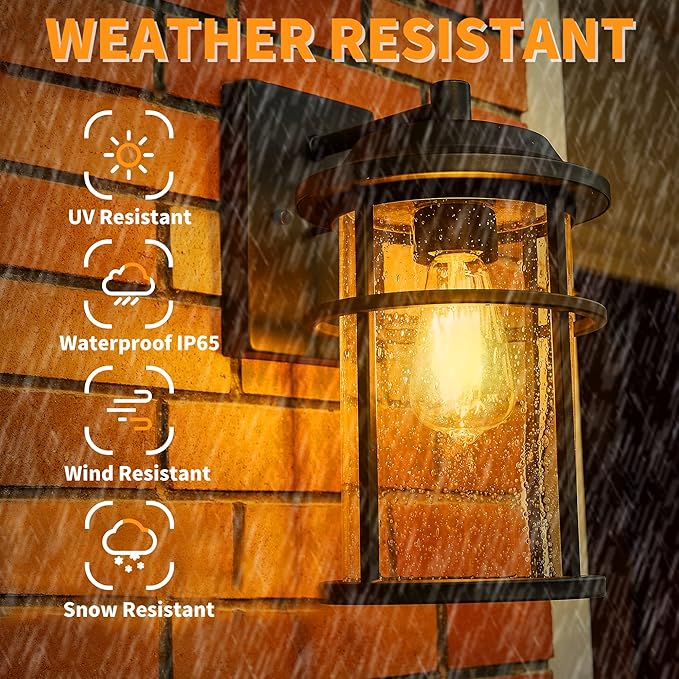 Outdoor Lights for House Exterior Light Fixture Waterproof Outdoor Wall Sconce Lights Anti-Rust Black Wall Mount Lighting with Seeded Glass Shade E26 Socket Lantern for Outside Front Porch Patio