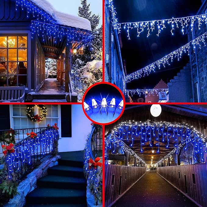 504LED 50ft Christmas Lights 112Drops 12 Modes Blue Christmas String Lights Outdoor Dimmable Waterproof Christmas Decoration Fairy Lights with Timer for Eaves Indoor Party Patio Window Fence Blue