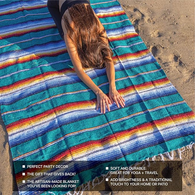 Benevolence LA Mexican Blanket Authentic Handwoven Yoga Blanket &amp Outdoor Blanket Made by Traditional Mexican Artisans Saddle Blanket Beach Blanket Picnic Blanket &amp Car Blanket 75 x 52 -