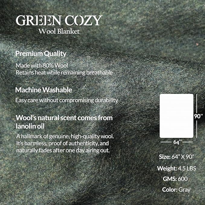 Military Style Wool Blanket – Cushioned Breathable Durable Warm &amp Washable – Double-Stitched Border– Great for Camping Outdoor First Aid Travel Car Fire Retardant – 64x90 4.7lb (Olive Gr