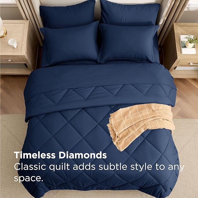 Bedsure 7 Pieces Queen Comforter Set Premium Series Hotel Luxury Soft Bed in a Bag Goose Down Alternative Safe for Sensitive Skin Bedding Comforter All Season Medium Warmth Navy Blue Queen Size
