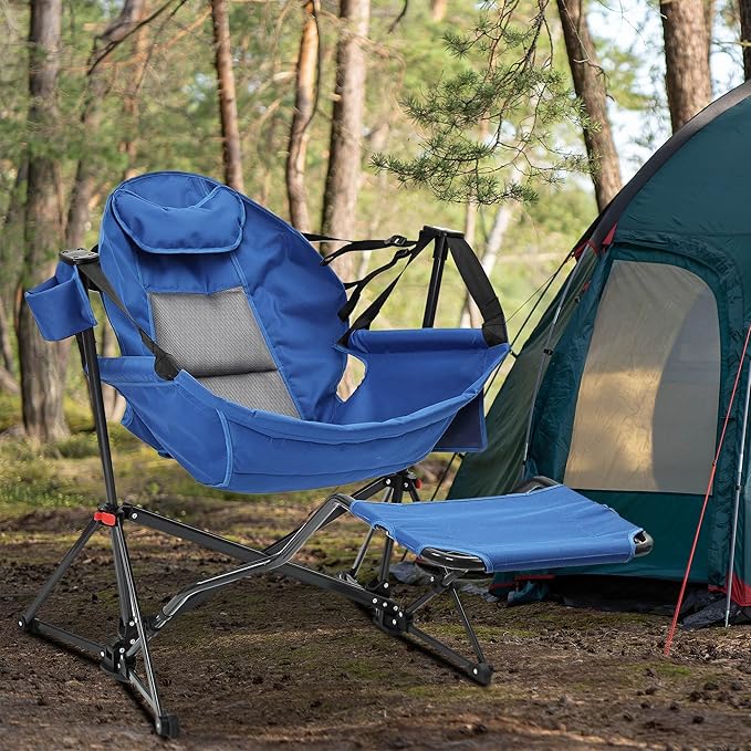 Ainfox Hammock Camping Chair with Footrest Foldable Portable Rocking Chairs for Adults Outside Swinging Camp with Cup Holder Pillow for Outdoor Patio Poolside (Blue)