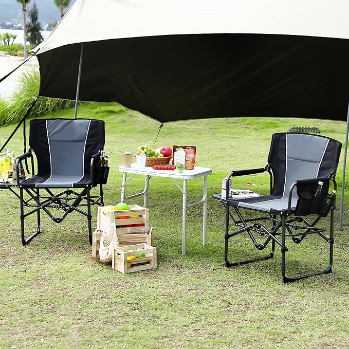 GarveeLife Oversized Folding Director Camping Chair 2 Pcs Heavy Duty Portable Outdoor Chair with Aluminum Side Table &amp Pocket Support 400 LBS Metal Frame for Lawn Fishing Sports Events Black