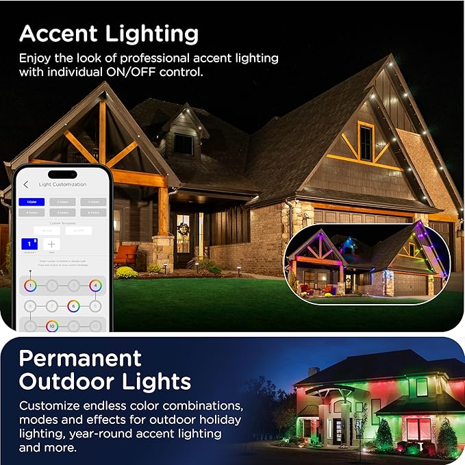 Enbrighten Vibe Eternity Permanent Outdoor Lights for House 100 Feet 72 RGBWIC LEDs Close Spacing 33lm Color Changing Christmas Eave Lighting Smart App Works with Alexa Google Home 82730