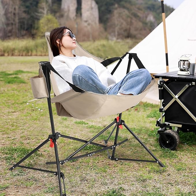 HOMEFUN Hammock Camping Chairs Set of 2- Portable Swinging Chair for Adults with Stand and Storage Bag Oversized Folding Rocking for Lawn Camp Fishing Hiking Khaki
