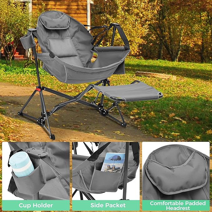 Ainfox Hammock Camping Chair with Footrest Foldable Portable Rocking Chairs for Adults Outside Swinging Camp with Cup Holder Pillow for Outdoor Patio Poolside (Dark Grey)