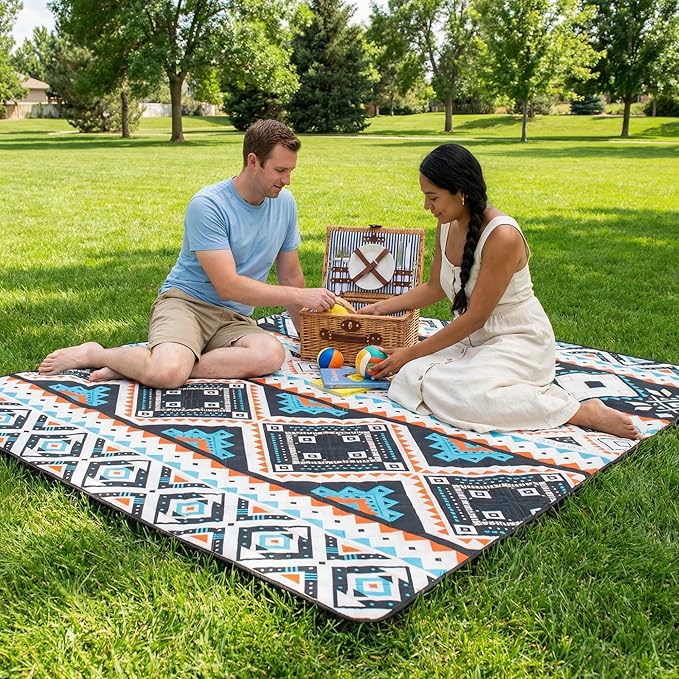Outdoor Packable Picnic Blanket with Zipper Folds into Tote Bag with Large Storage and Shoulder Strap Waterproof Sandproof for Lawn Beach Hiking Camping (colorful2 Large)