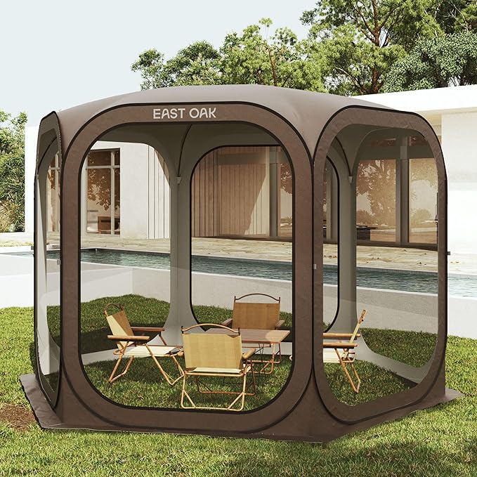 East Oak Screen House Tent Pop-Up Portable Screen Room Canopy Instant Screen Tent 10 x 10 FT with Carry Bag for Patio Backyard Deck &amp Outdoor Activities Brown