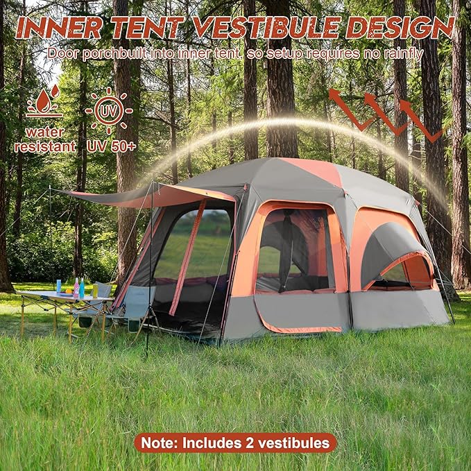 8–10-12 Person Camping Tent 2 Room Family Tent with Zippered Divider Porch Rainfly Extra Large Waterproof Cabin Tent with 3 Mesh Doors &amp Windows Easy Setup 7.1 ft Tall Tent for Outdoor Campin