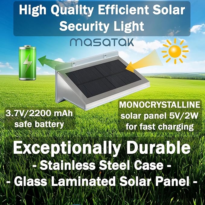 Solar Motion Sensor Outdoor Lights LED Security Light Waterproof Stainless Steel Solar Powered Wall Light for Front Door Patio Garage Porch Fence Yard 3 Modes Flood Light Bright (Warm White)