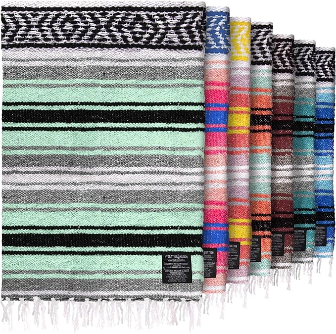 Hydration Nation Authentic Extra Large Mexican Blanket (70x50) - Handwoven Yoga Serape- Artisanal Falsa Beach Camping Picnic Outdoor (Aqua Green)