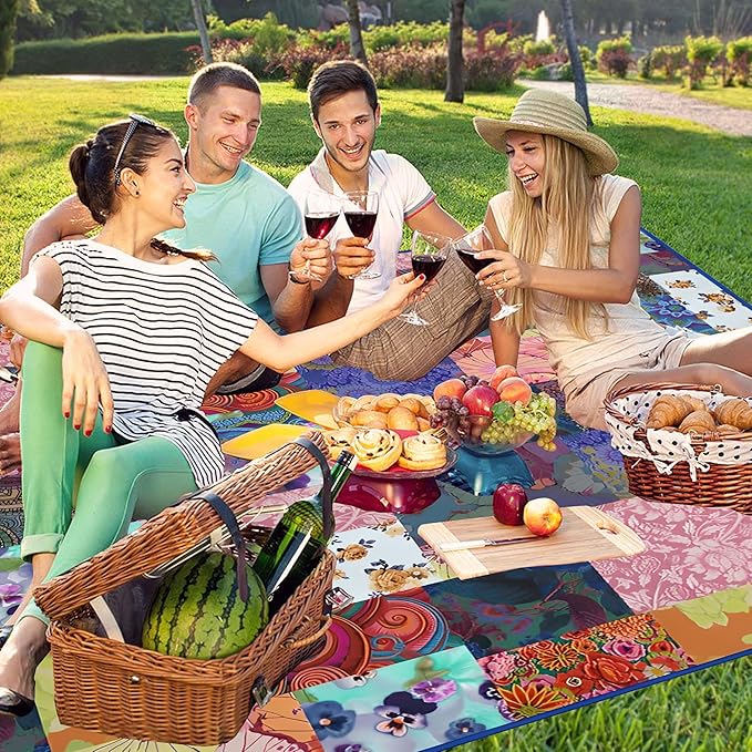 Extra Large Picnic Blankets Waterproof Foldable (80 x 80) Beach Blanket Waterproof Sandproof3-Layer Thicking Mat Outdoor Packable Camping Blanket