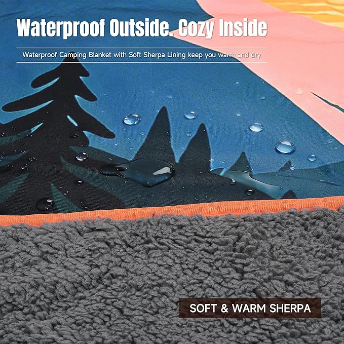 Tirrinia Waterproof Outdoor Blanket Warm Windproof Stadium Blankets with Sherpa Lining Foldable Camping Blanket Emergency Blanket with Mountain Landscape Design for Car Beach Picnic Hiking