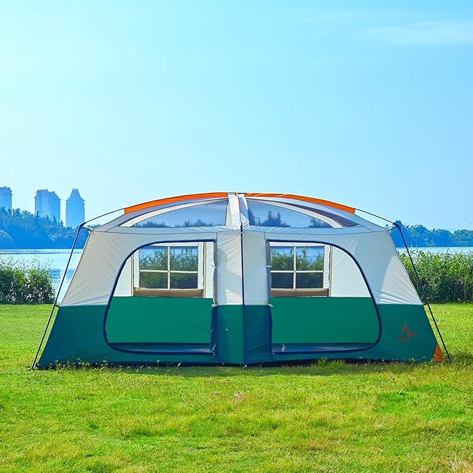 KTT Extra Large Tent 12-14 PersonFamily Cabin Tents2 RoomsStraight Wall2 Doors 4 Windows with MeshWaterproofStraight WallBig Tent for OutdoorPicnicCampingGathering(Brown)
