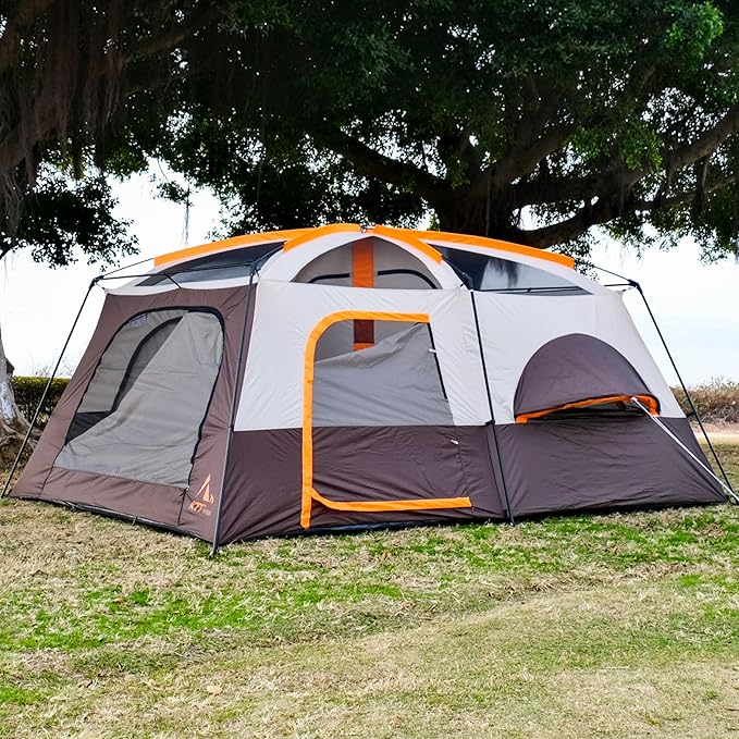 KTT Extra Large Tent 8-10-12 PersonFamily Cabin Tents2 Rooms3 Doors and 3 Windows with MeshStraight WallWaterproofDouble LayerBig Tents for OutdoorPicnicCampingFamily Gathering