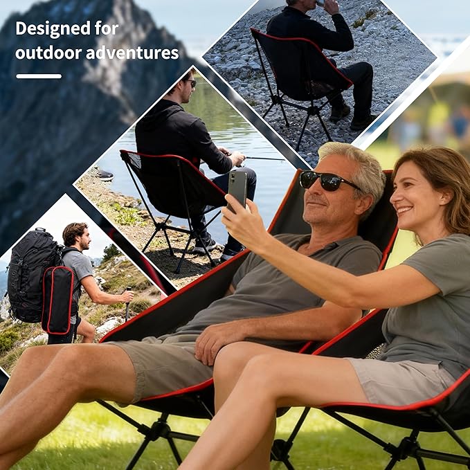 Lightweight Backpacking Folding Chair with Carry BagStable and Sturdy Camping Chairs with Back Support Fishing Hiking and Beach Activities (Low backrest Black and red S)