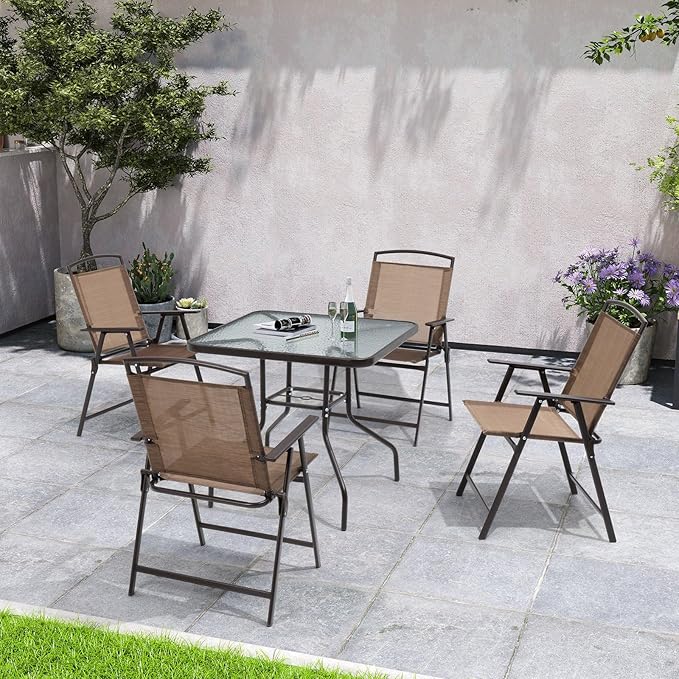 Crestlive Products Set of 4 Patio Folding Chairs 4-Pack Dining Chairs Outdoor Portable Sling with Armrest for Camping Beach Garden Pool Backyard Deck (Brown)