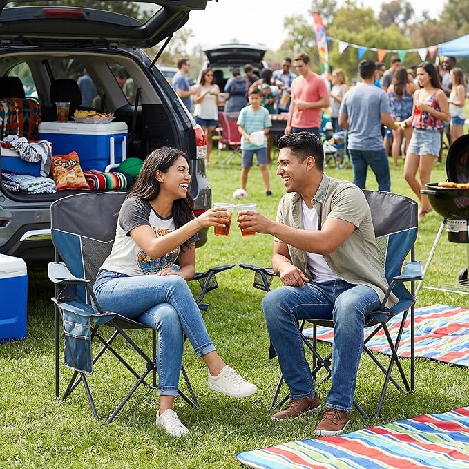 Outdoor Camping Chair 2-Pack with Mesh Back Folding Portable Lawn Chairs with Cup Holder &amp Side Storage Pocket for Camping Beach Picnic Fishing(Blue)