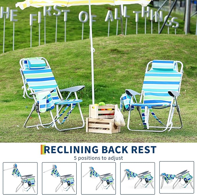 2-Pack Backpack Beach Chairs: Lightweight Foldable 5 Reclining Positions Lay-Flat Design Straps Cooler Pouch Cup Holder &amp Towel bar. Great for Beach &amp Camping