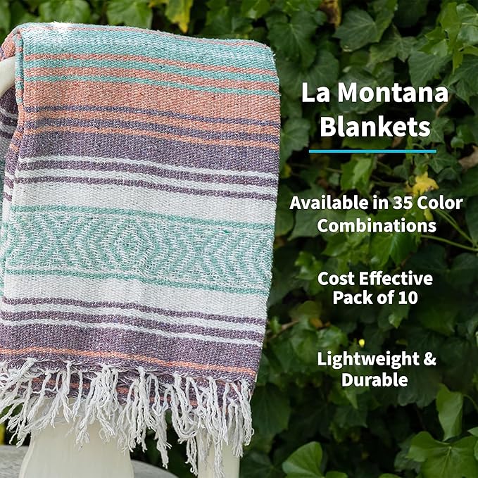 La Montana Mexican Blankets and Throws 4 Pack 74x50 - Made in Mexico Lightweight Yoga Blanket for Schools Studios Outdoors Camping Picnic Decor - Washable Light Purple/Melon/Mint/White