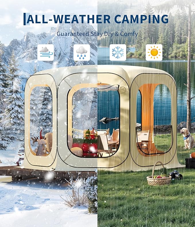 10x10 Ft Outdoor All Weather Pop Up Tent 6-8 Person Instant Tent Shelter Rainproof Camping Sun Shelter Coldproof &amp Windproof for Patio Backyard Deck Sports Events Beige