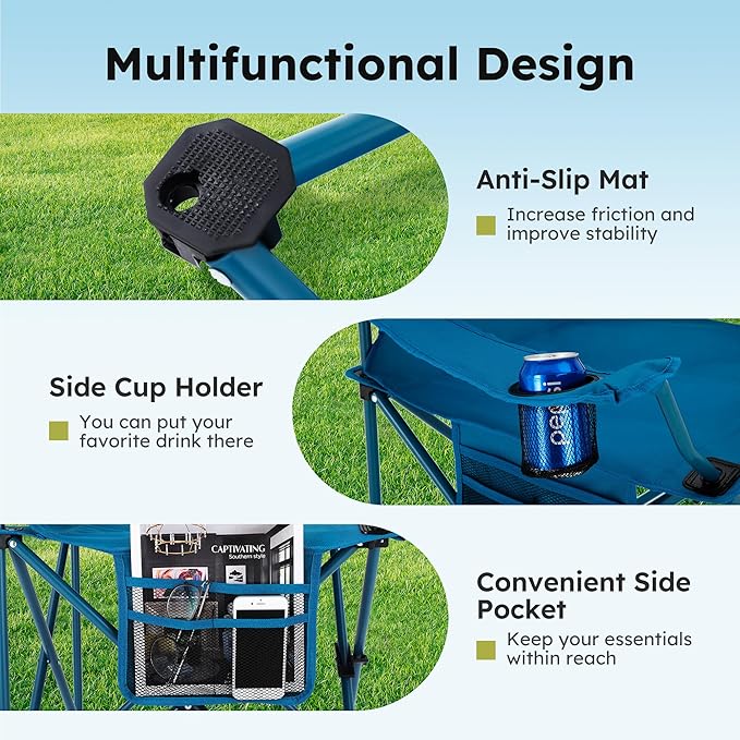 ALPHA CAMP Camping Chair 2 Pack Portable Chair with 3-Can Cooler Folding Chair with Side Pocket and Cup Holder Collapsible for Camping Tailgates Beach Fishing and Sports2PC