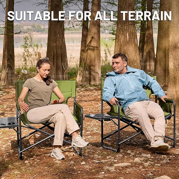 TIMBER RIDGE XXL Director’s Chair – Heavy Duty Folding Chair with Side Table 500 lb Capacity Extra Wide Padded Seat for Camping Sports Beach Patio and Outdoor Use Green-2 Pack