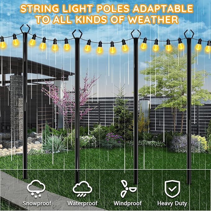 2 Pack String Light Poles Outdoor String Light Pole 10ft Forked Metal Light Pole with Adjustable Outdoor Light Stand Deck Backyard Garden Wedding Rustproof and Sturdy with Hooks