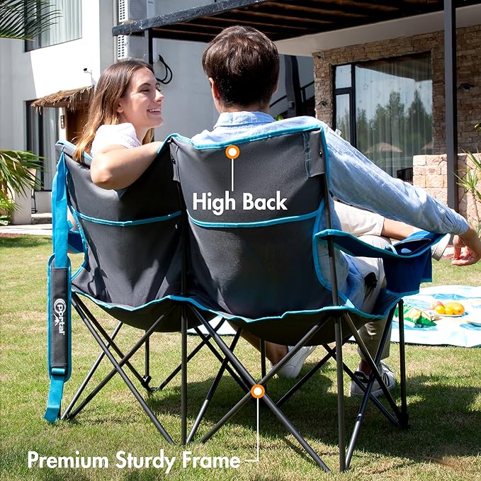 Portal 2 Person Camping Loveseat Folding Double Duo Camp Chair for Adults High Back Outdoor Support 500 lbs Blue