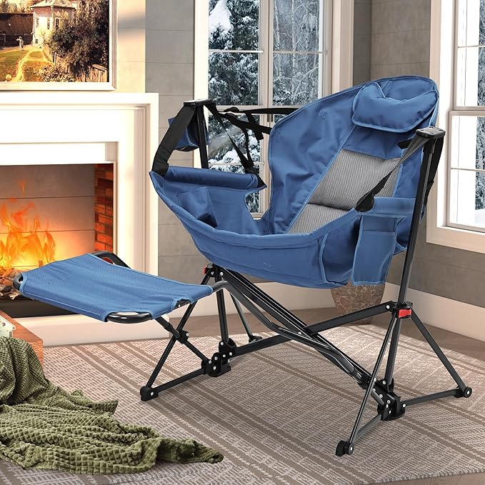 Ainfox Hammock Camping Chair with Footrest Heavy Duty Foldable Portable Rocking Hammock Chairs Outside Swinging Camp with Cup Holder Pillow for Outdoor Patio Poolside Dark Blue 2 Pack