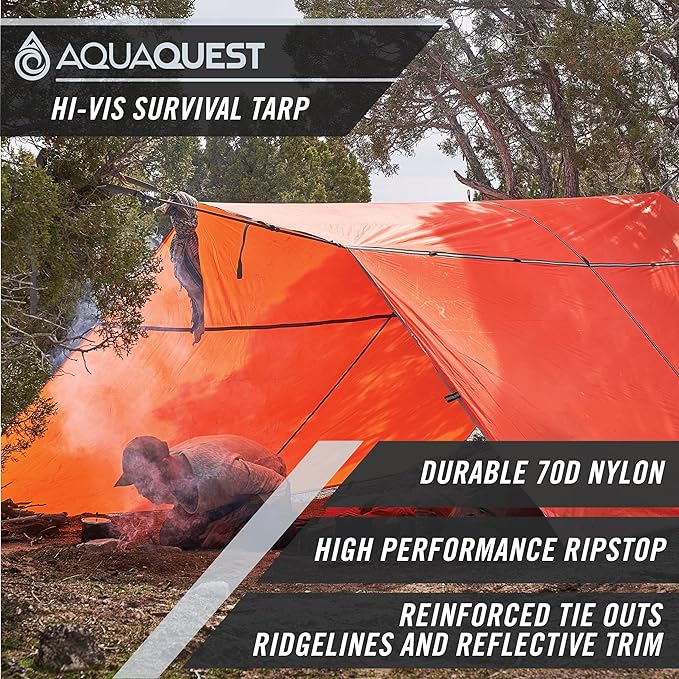 AquaQuest Survivor High Visibility Tarp - Portable Safety Shelter or Emergency Rain Fly - Disaster Preparedness Must Haves for Hiking Backpacking &amp Expedition 15 x 15 ft
