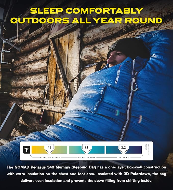 NOMAD Pegasus 340 Lightweight 3-Season Mummy Sleeping Bag with 3D Polardown Zips to Double Bag 675g for Camping