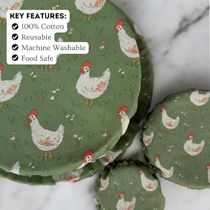 (4-Pack) Sourdough Reuseable Jar &amp Bowl Covers | Cute Baking Gift | 100% Cotton | Washable | Bread Proofing | Kitchen Food Storage Gifting | Starter Cover Lid Kit (Chickens)