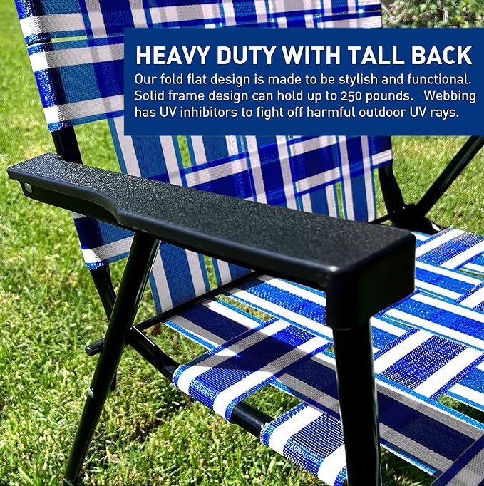 Lawn Chair Folding Steel Webbing Chaise Patio Lounger Seat Wood Handles Great for Camping Beach Fishing Backyard Stadium Pool Boating and Sports 2 Pack Blue
