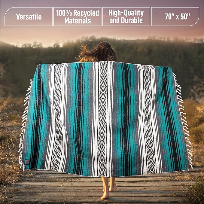 Authentic Extra Large Mexican Blanket - 70x50 Handwoven Yoga Serape Artisanal Falsa Beach Camping Picnic Outdoor Blanket (Emerald)
