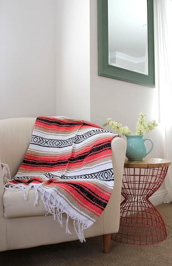 Del Mex Classic Mexican Blanket Large Authentic Woven Falsa Throw (70x50) Artisan Southwest Décor for Beach Yoga Outdoors (Pink/Tan)
